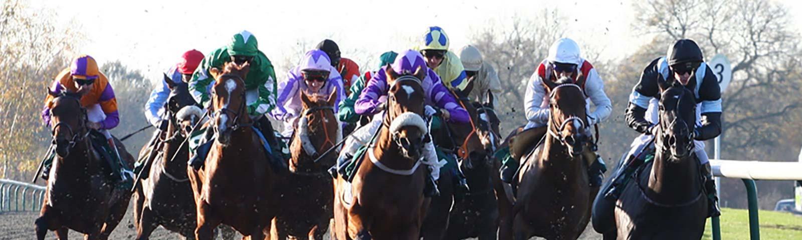 Group of jockeys racing.