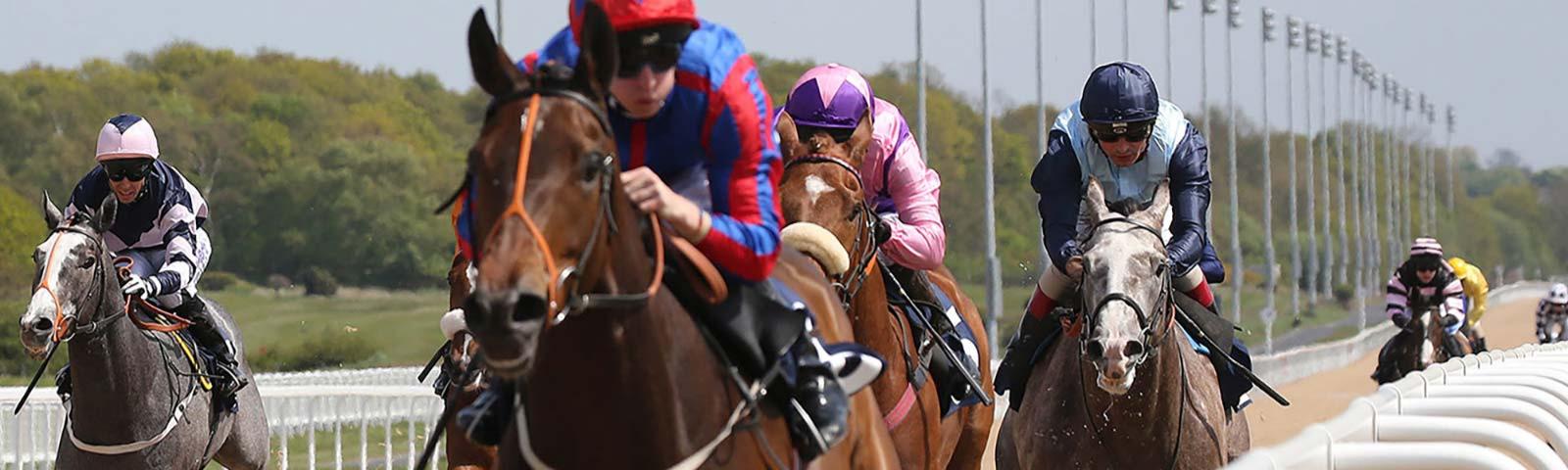Group of jockeys racing at Newcastle Racecourse.