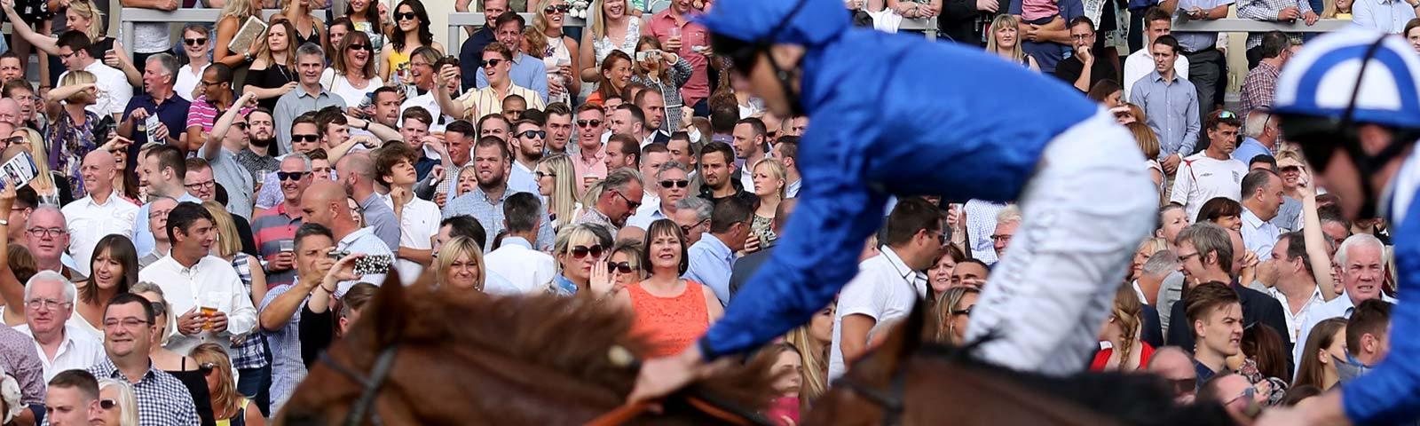 Jockey racing past crowds.