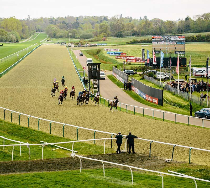 Group of jockeys racing past the finishing post.