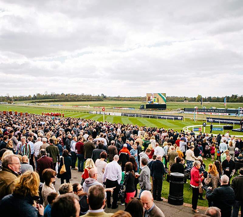 Crowds watching racing at Lingfield Park.