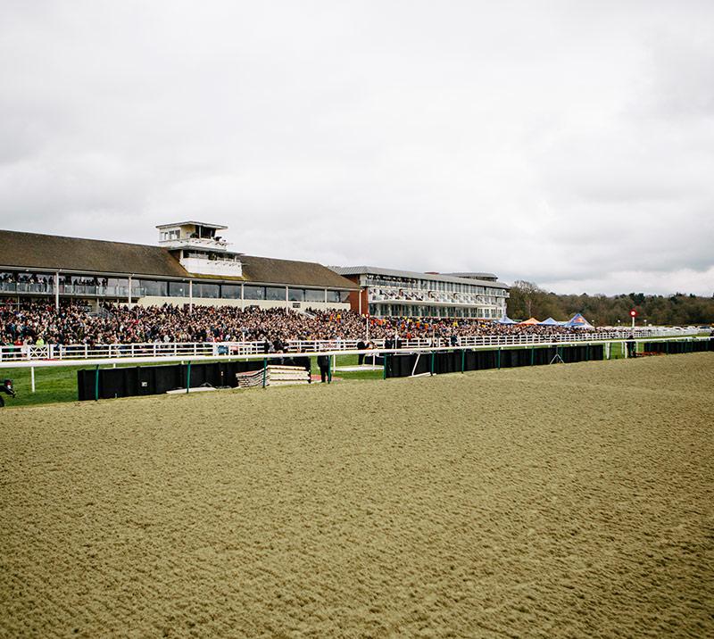 Crowds watching racing from grandstand.