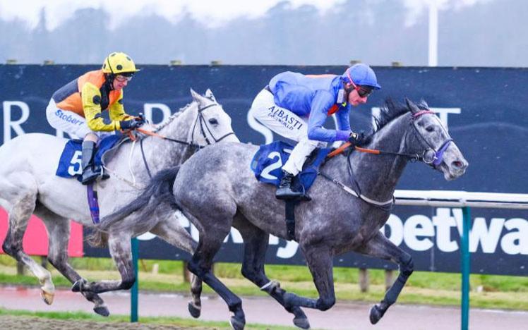 Jockeys racing at Chelmsford City Racecourse.